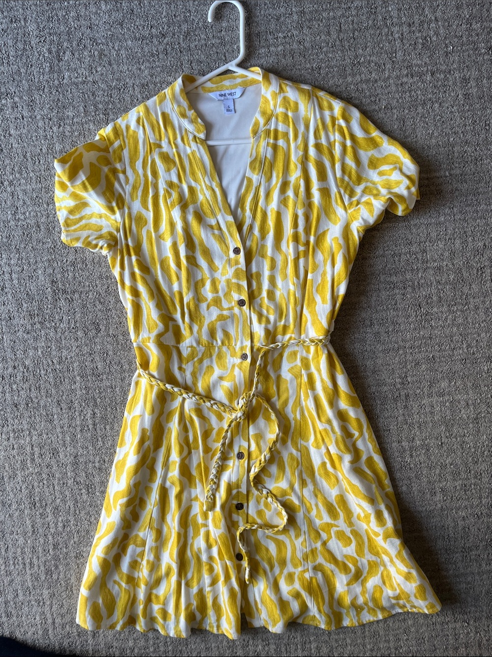 Nine West Yellow and White Short Button-Front Shirt Dress